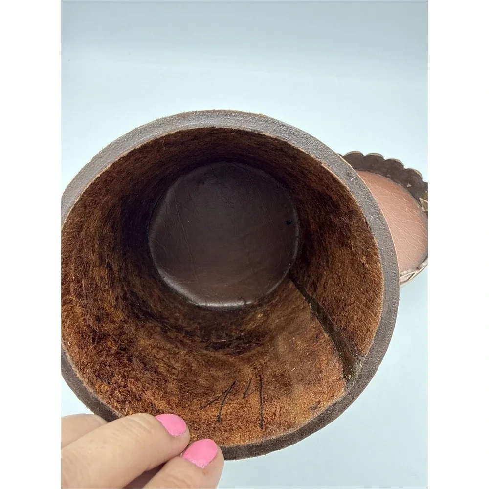 Vintage Hand Tooled Saddle Leather Container Vase Floral Old Western Style